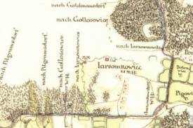 Zdj. 26: Wycinek z mapy I wojskowego mapowania z lat 1764-1768, granica i słupy z Bąkowa